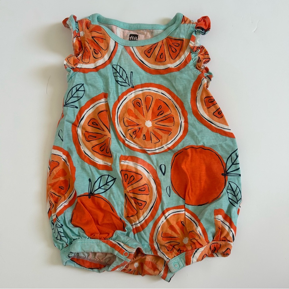 Tea Collection Tangerine Orange Print Sleeveless Bubble Romper 12-18 months